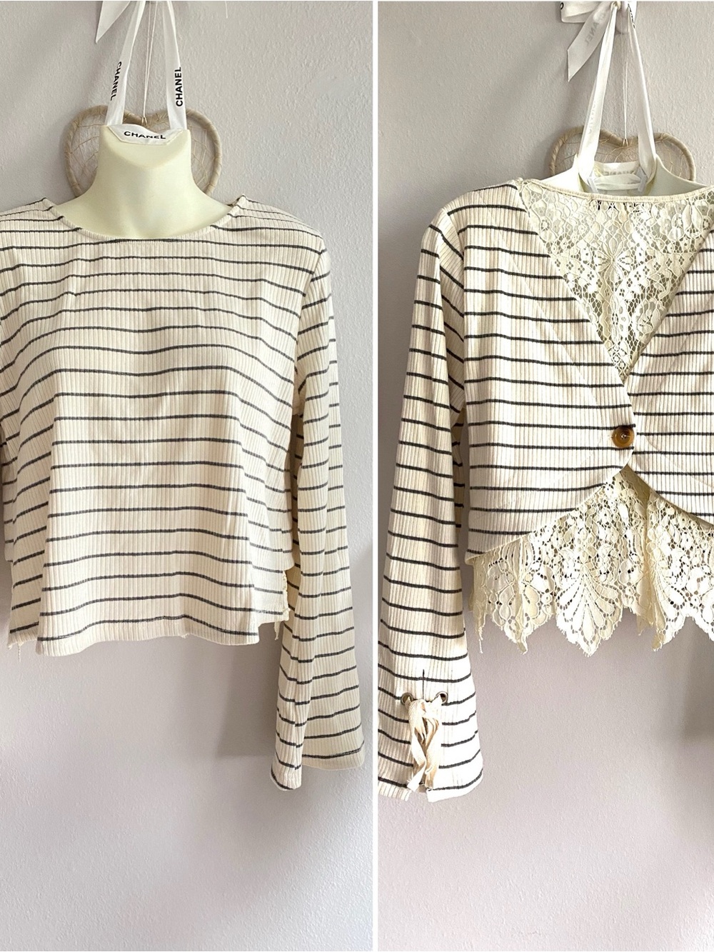 BOHO Back-To-Front Striped Ivory Long-Sleeve Ribbed Lace Top Backward Reversible